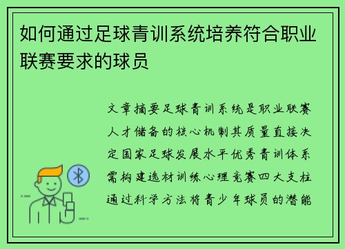 如何通过足球青训系统培养符合职业联赛要求的球员